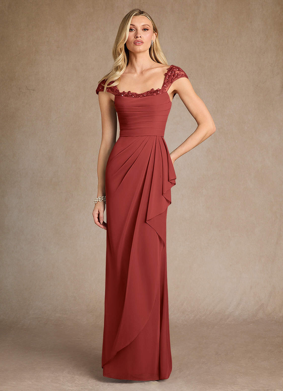 Azazie Belfast Mother of the Bride Dresses Rust Sheath Lace Mesh Dress image1