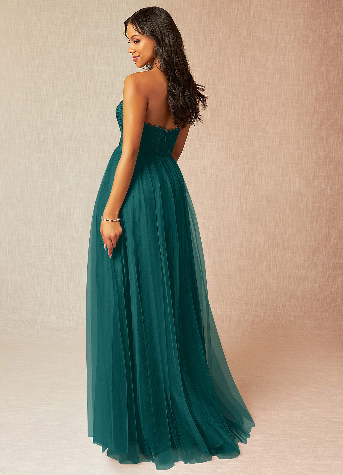 Azazie Roni Robes de demoiselle d'honneur Robe Trapèze Convertible en Tulle Encolure en Forme de Cœur Paon image2