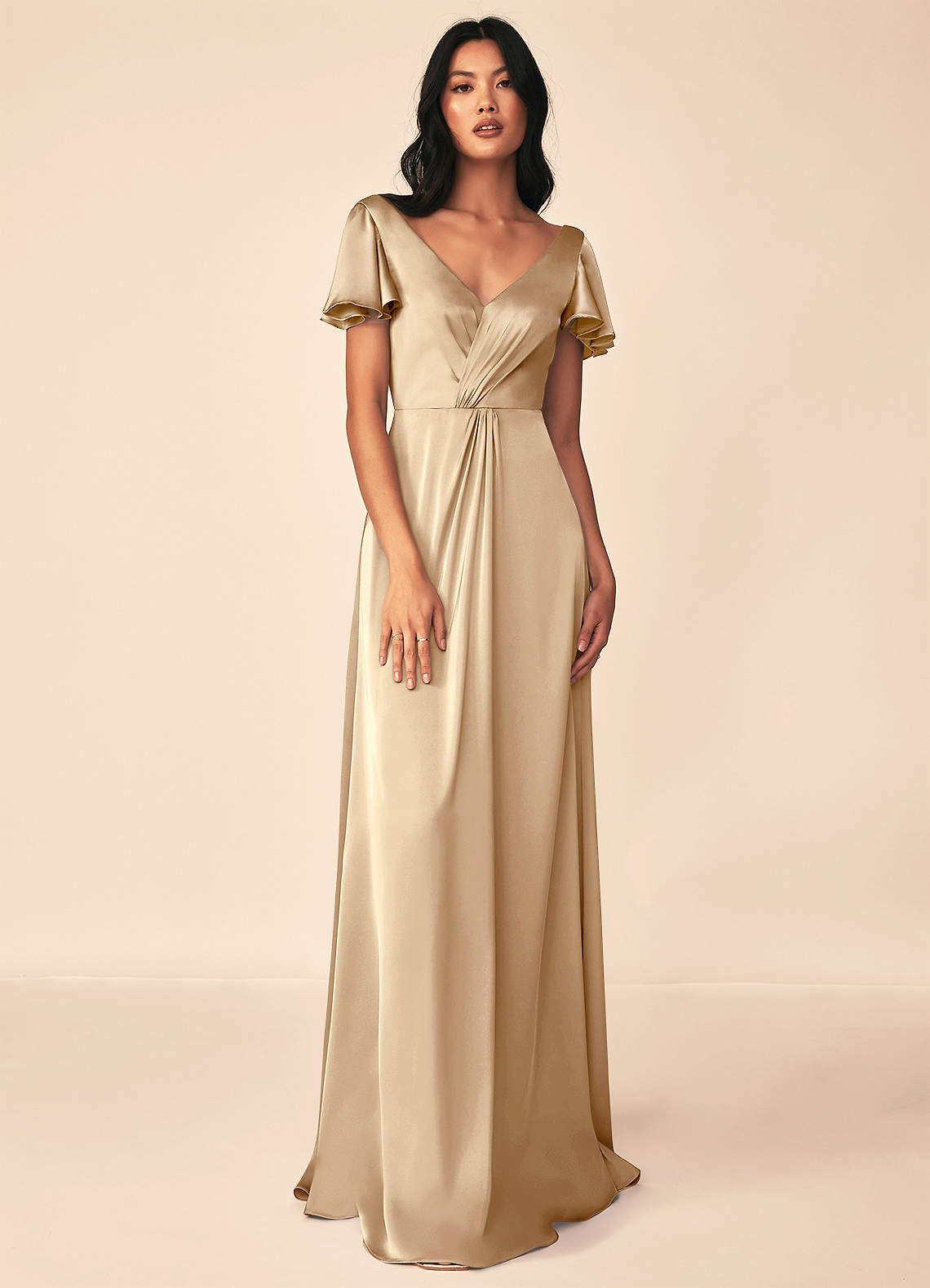 Azazie Soren Bridesmaid Dresses Champagne A-Line Pleated Stretch Satin Dress image1