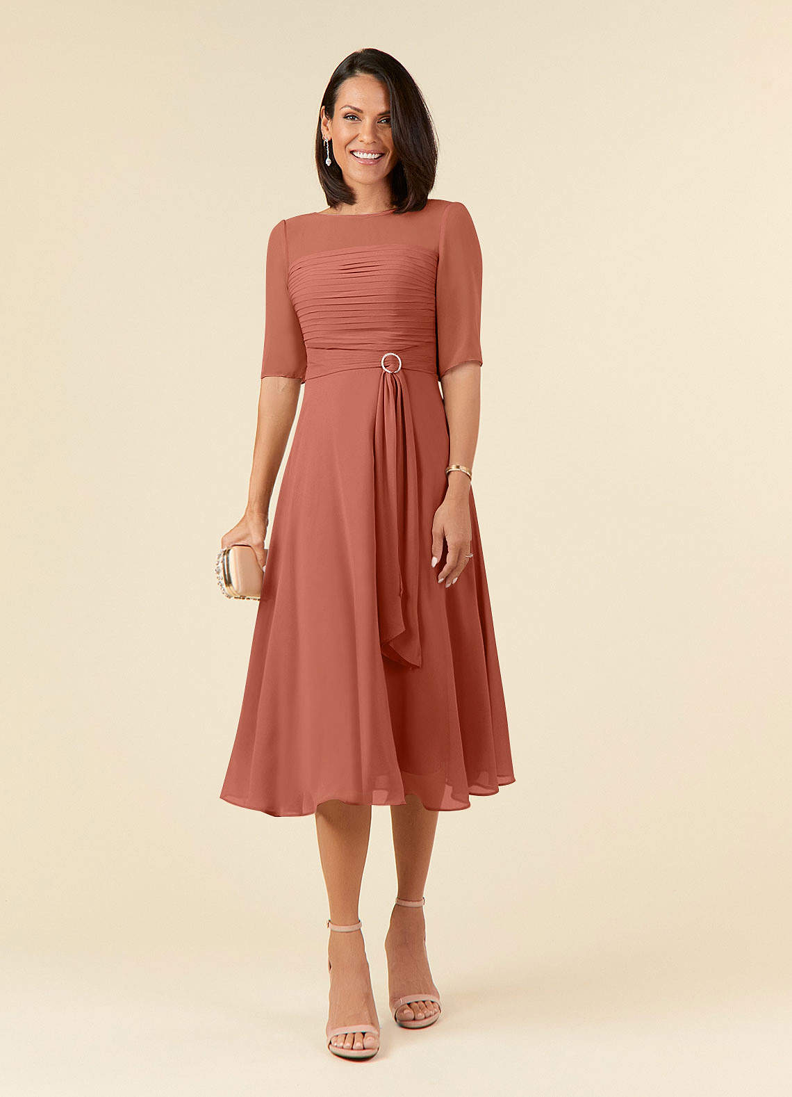 Azazie Naomi Mother of the Bride Dresses Clay A-Line Boatneck Pleated Chiffon Dress image1