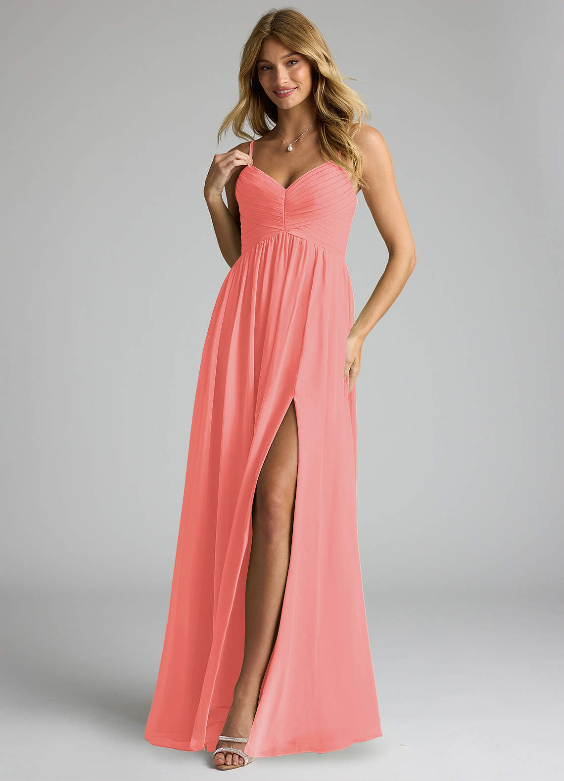 Azazie Alia Coral Chiffon Bridesmaid Dresses | Azazie
