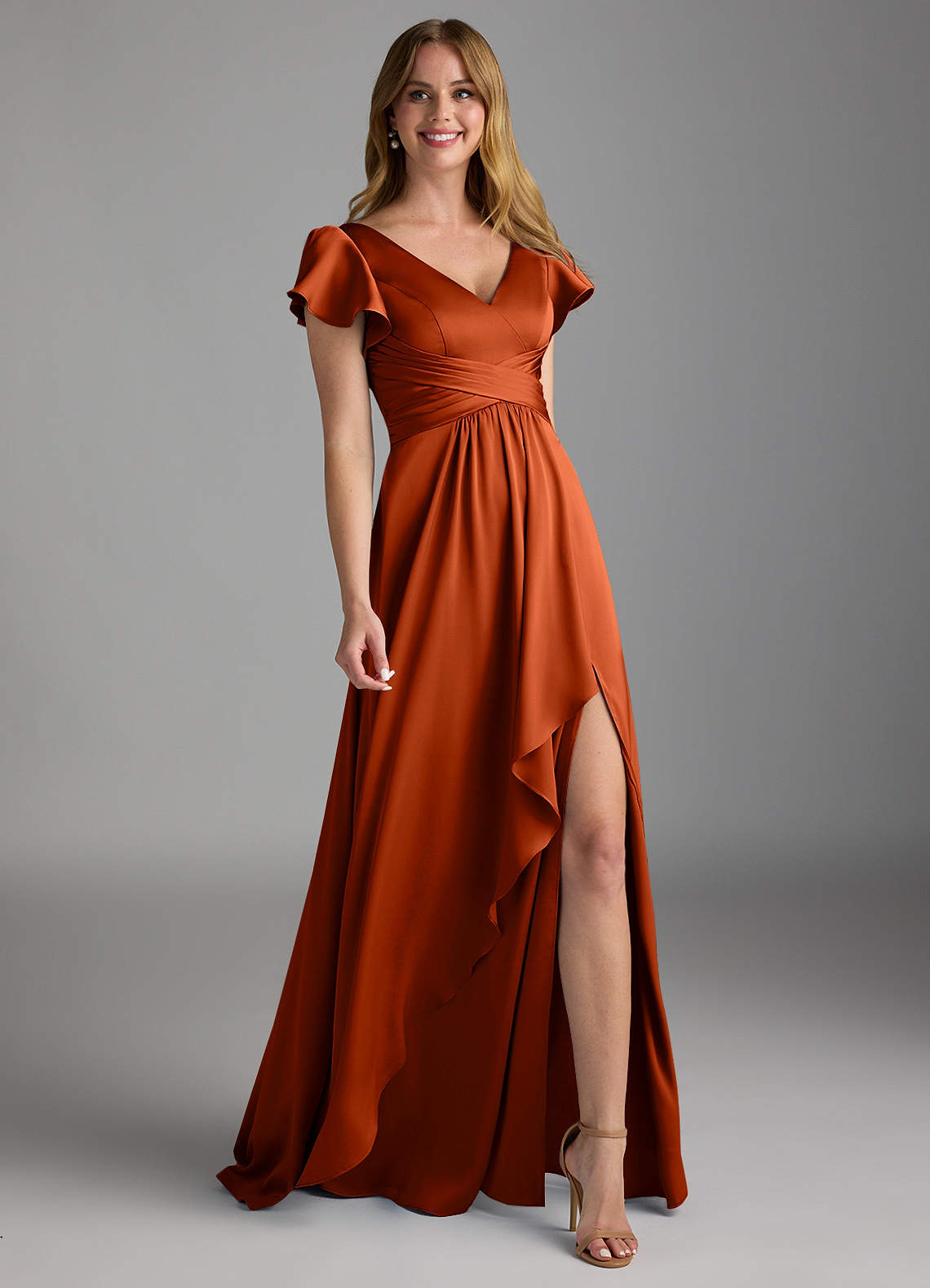 Azazie Omari Robes de demoiselle d'honneur Robe Trapèze en Satin extensible Paprika image1
