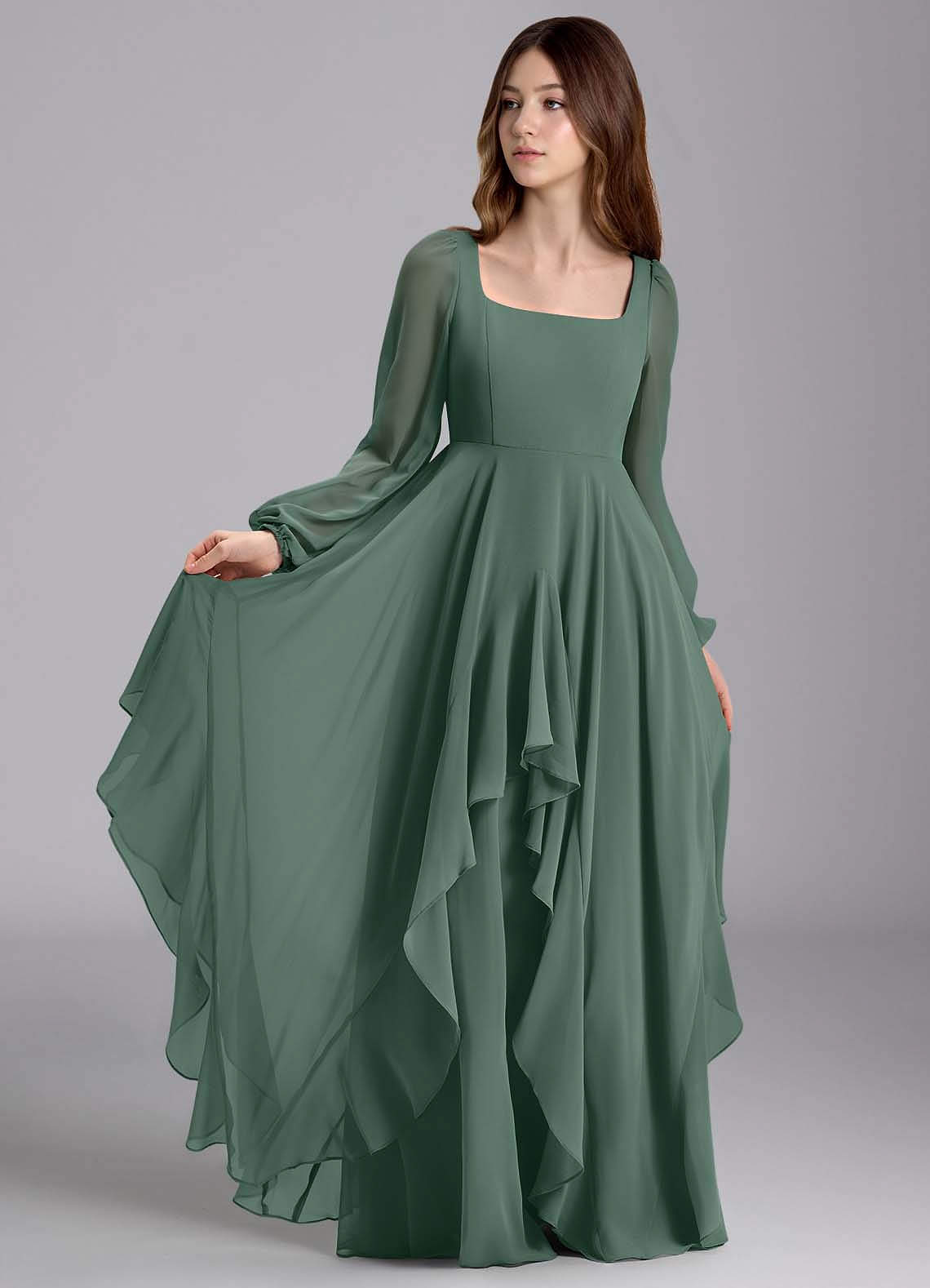 Azazie Clara Junior Abito A-Line in Chiffon Blusa Muschio Marino image1