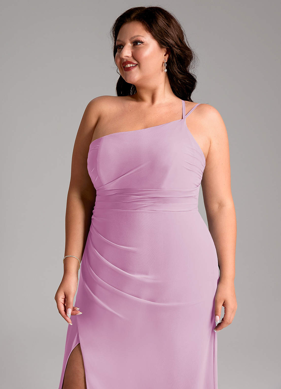 Azazie Eren Vestidos de damas de honor Vestido de Rosa Caramelo de Gasa de Corte Recto con Hombro unilateral image12