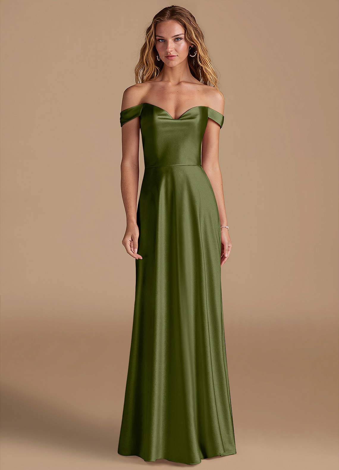 Azazie Jackalin Bridesmaid Dresses Olive A-Line Off the Shoulder Metallic Satin Convertible Dress image1
