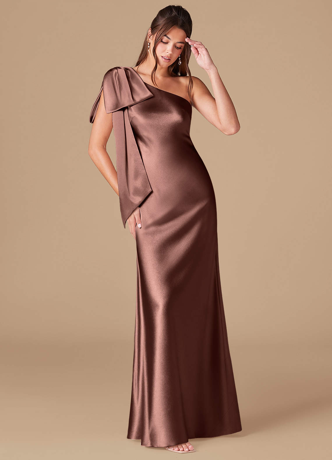 Azazie Capri Bridesmaid Dresses Espresso Sheath One Shoulder Metallic Satin Dress image1