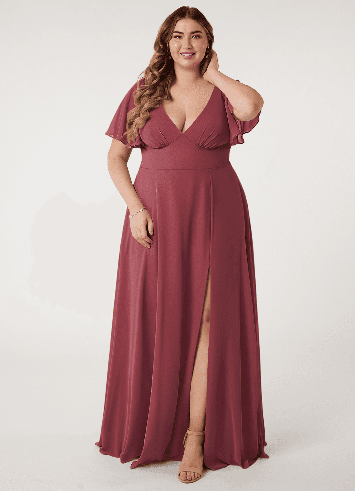 Azazie Kimber Brautjungfernkleider A-Linie Volantärmel Chiffon Kleid Merlot image1