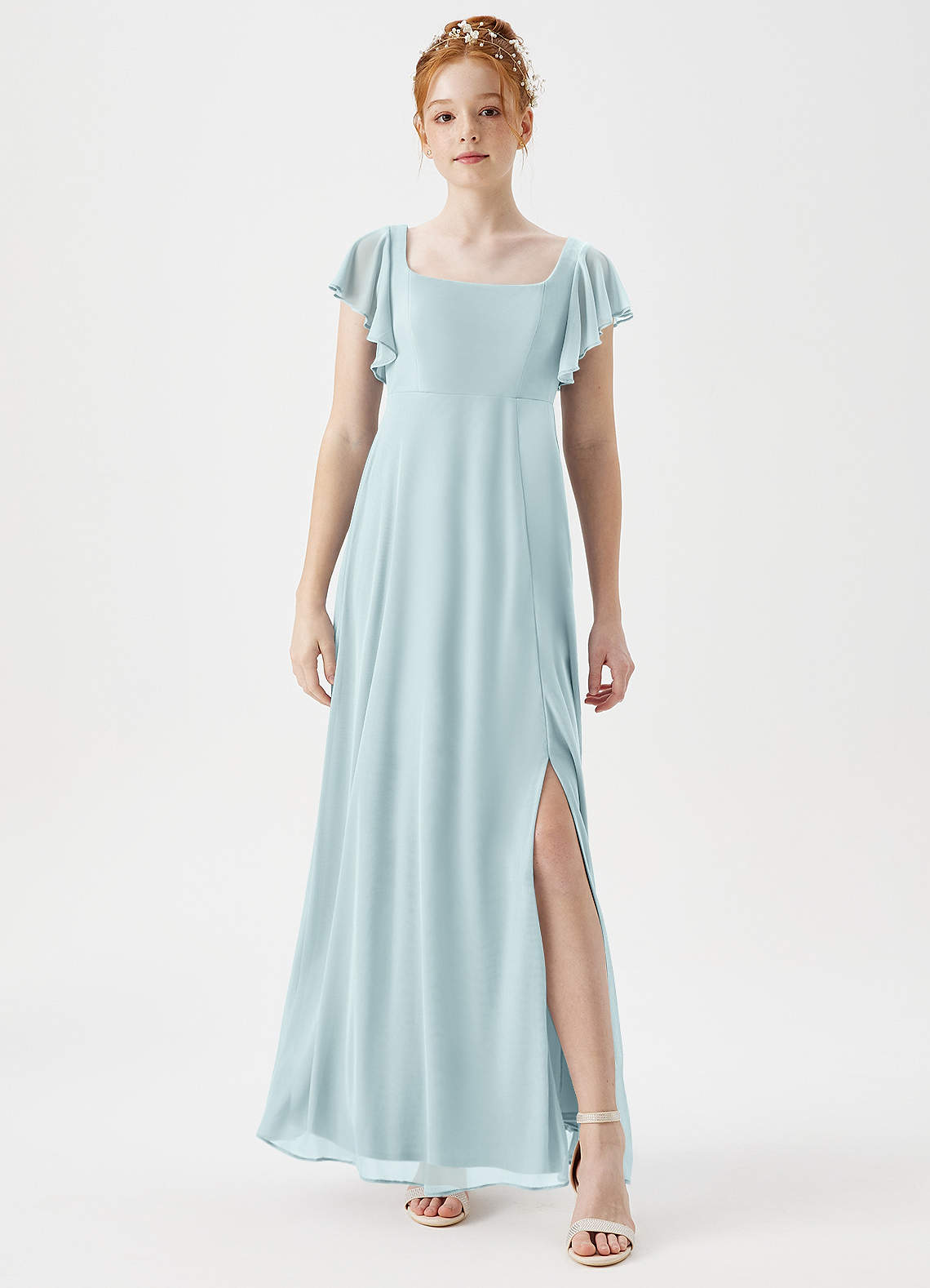 Azazie Bondi Junior A-Linie Seitliche Cut-Outs Gittergewebe Kleid Nebel image1