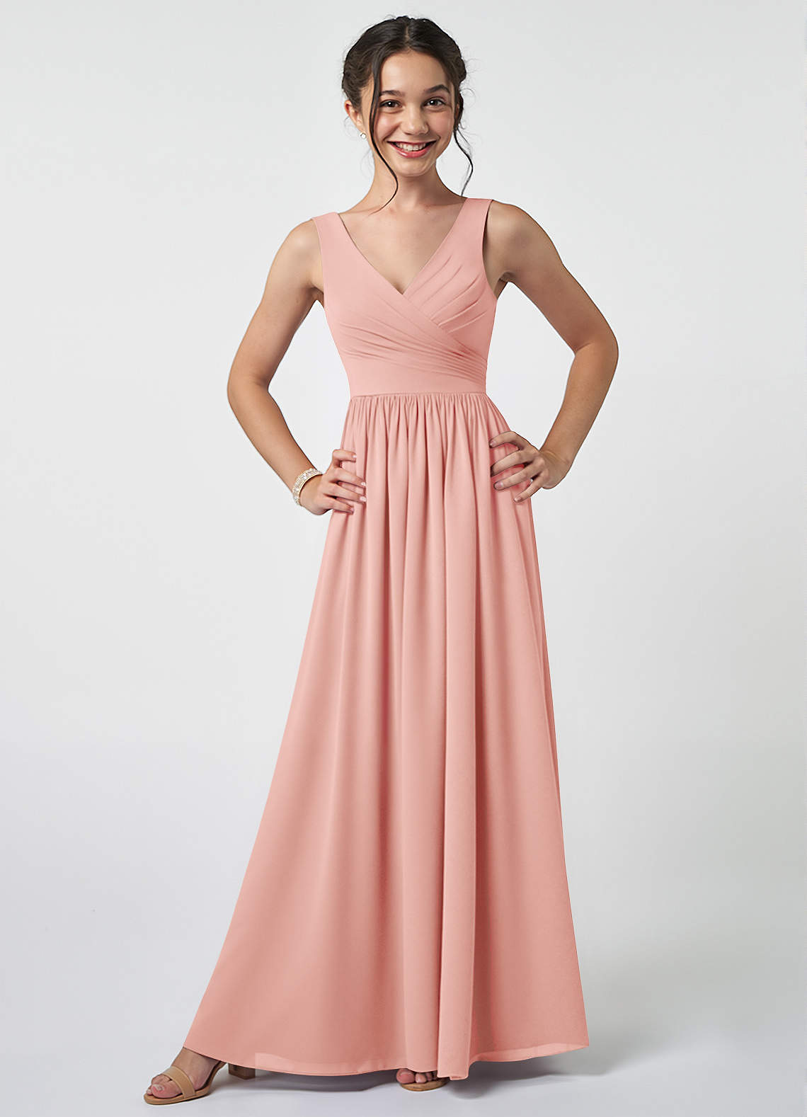 Azazie Keyla Junior A-Linie Plissee Chiffon Kleid Rosettenrosa image1