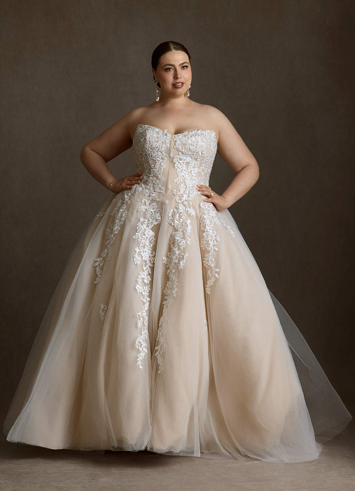 Azazie Sonnet At-home Try On Dresses Diamond White Champagne Ball-Gown Strapless Lace Dress image11