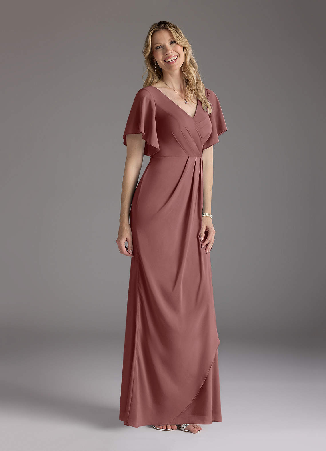 Azazie Song Mère de la mariée Robes Robe Sirène en Mousseline extensible Col V plissé Rose Du Désert image1