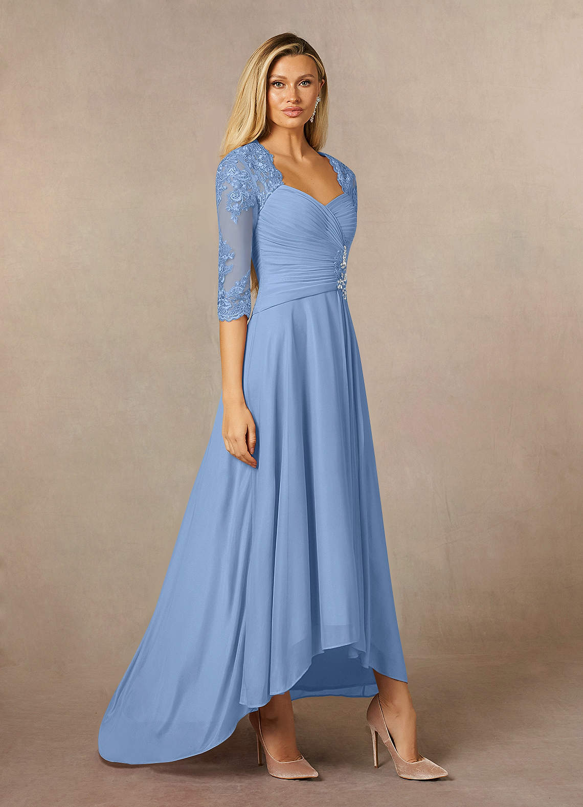 Elegant A-Line Long Sleeve Crew Neck Satin Sequins Asymmetrical-Length Mother Of The Bride Dress