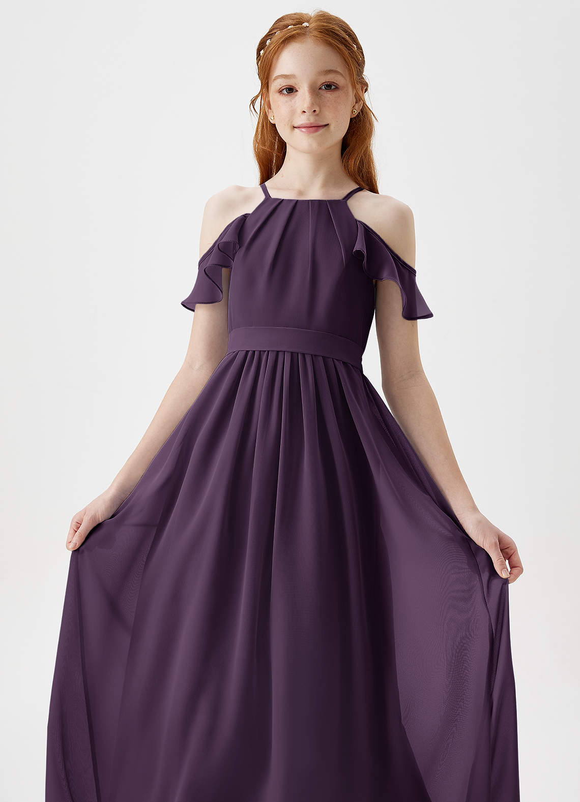 Azazie Chaya Junior Plum A-Line Off the Shoulder Chiffon Dress image1
