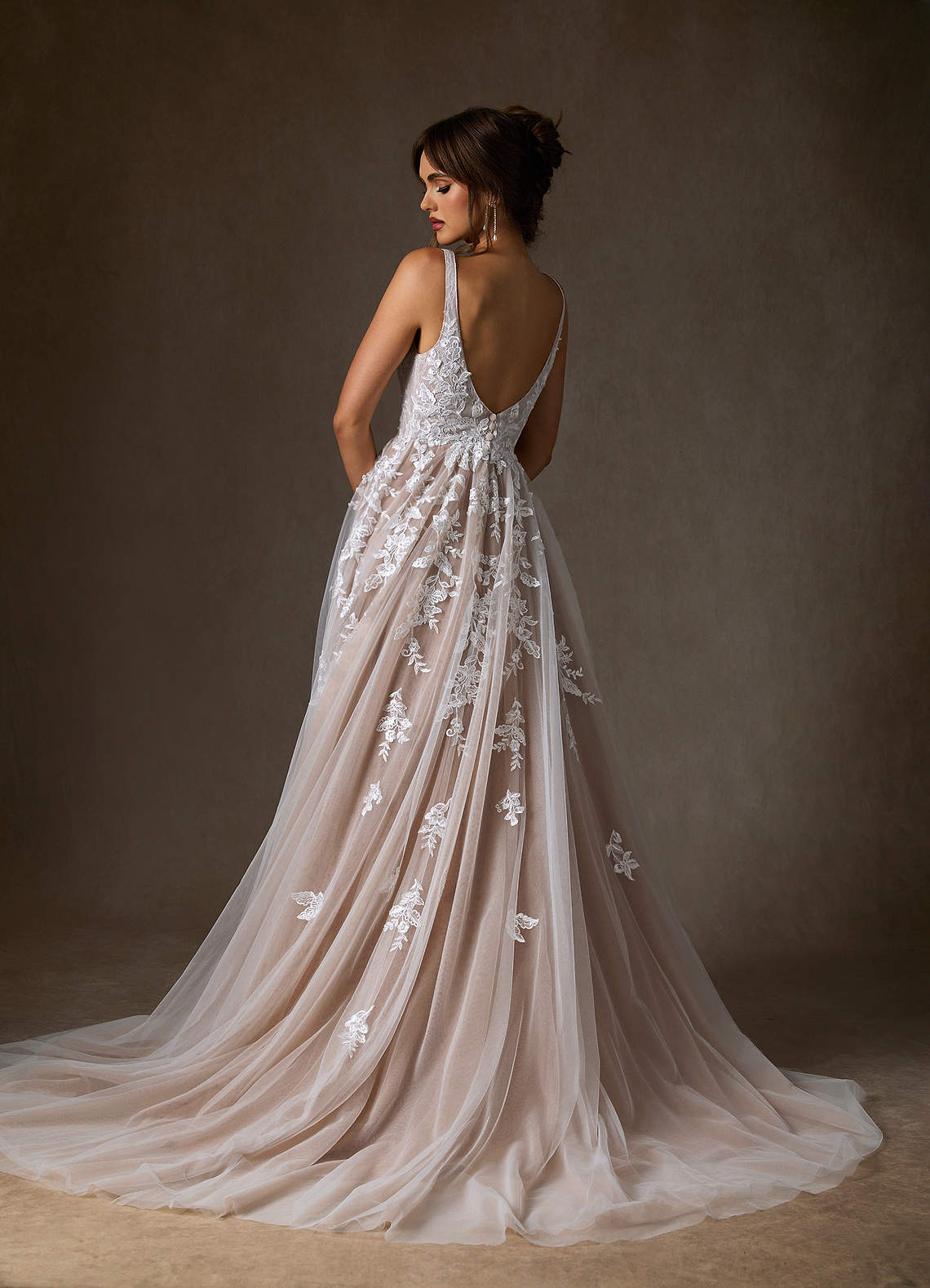 Azazie Sorella Wedding Dresses Diamond White Caramel A-Line V-Neck Sequins Tulle Dress image3