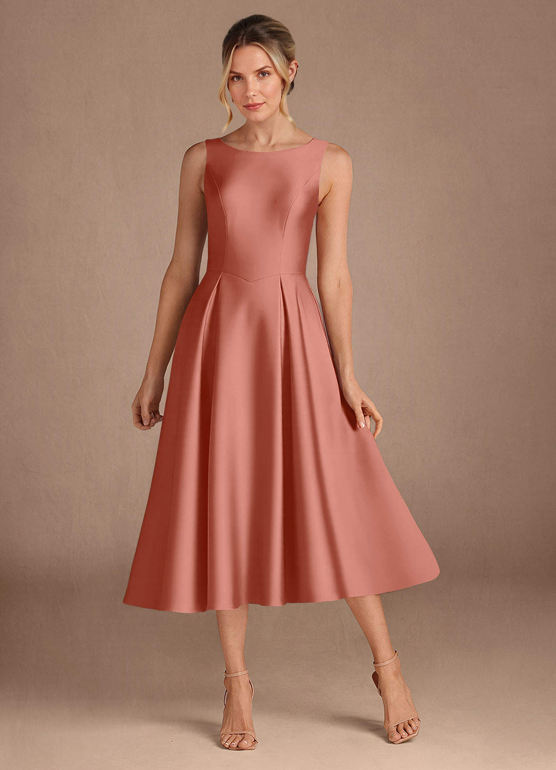 Azazie Fulton Salmon Pink A-Line Pleated Stretch Satin Dress | Azazie
