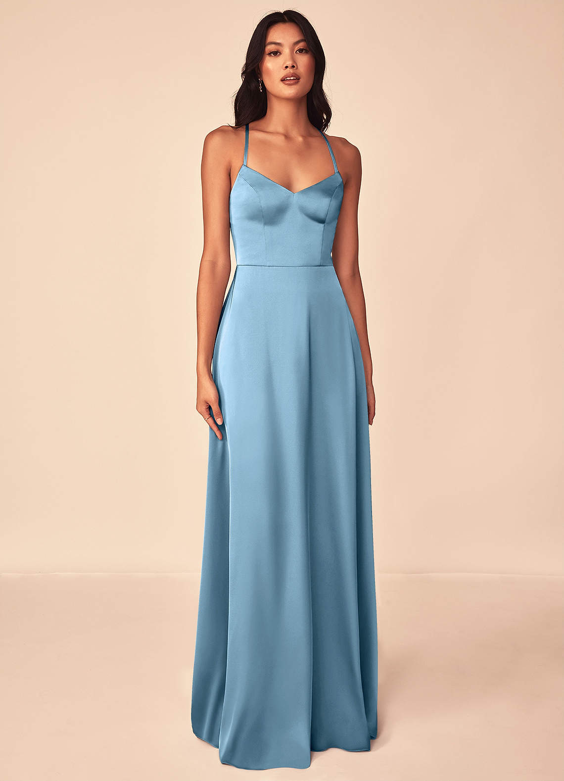 Azazie Mei Vestidos de damas de honor Vestido de Azul Acero de Satén Elástico de Corte en A con Cuello en V image1