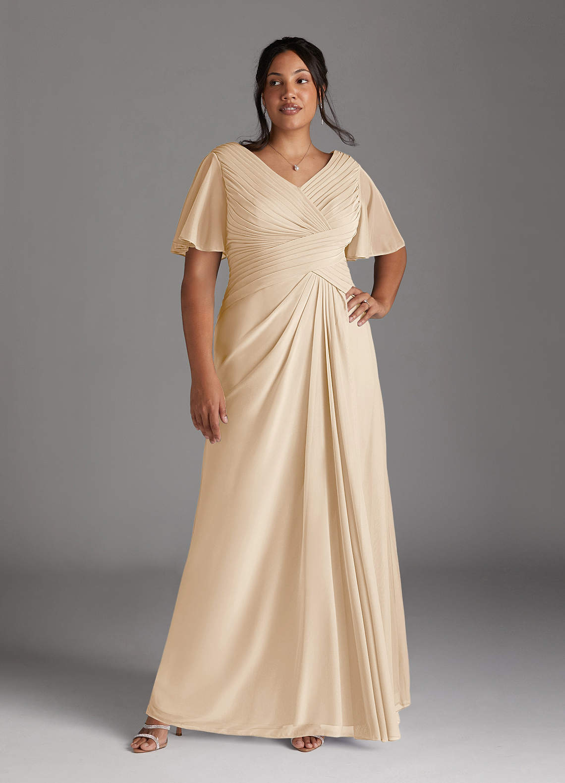 Azazie Emmeline Mother of the Bride Dresses Champagne A-Line V-Neck Pleated Mesh Dress image8