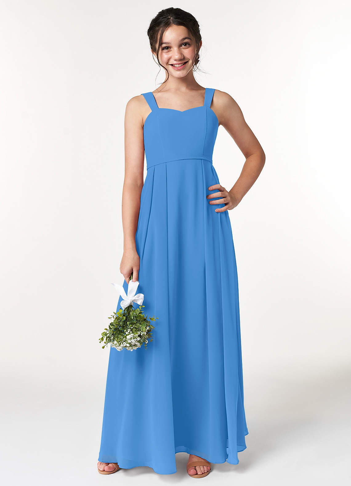 Azazie Simoan Junior Abito A-Line in Chiffon Scollo a Cuore Blue Jay image1