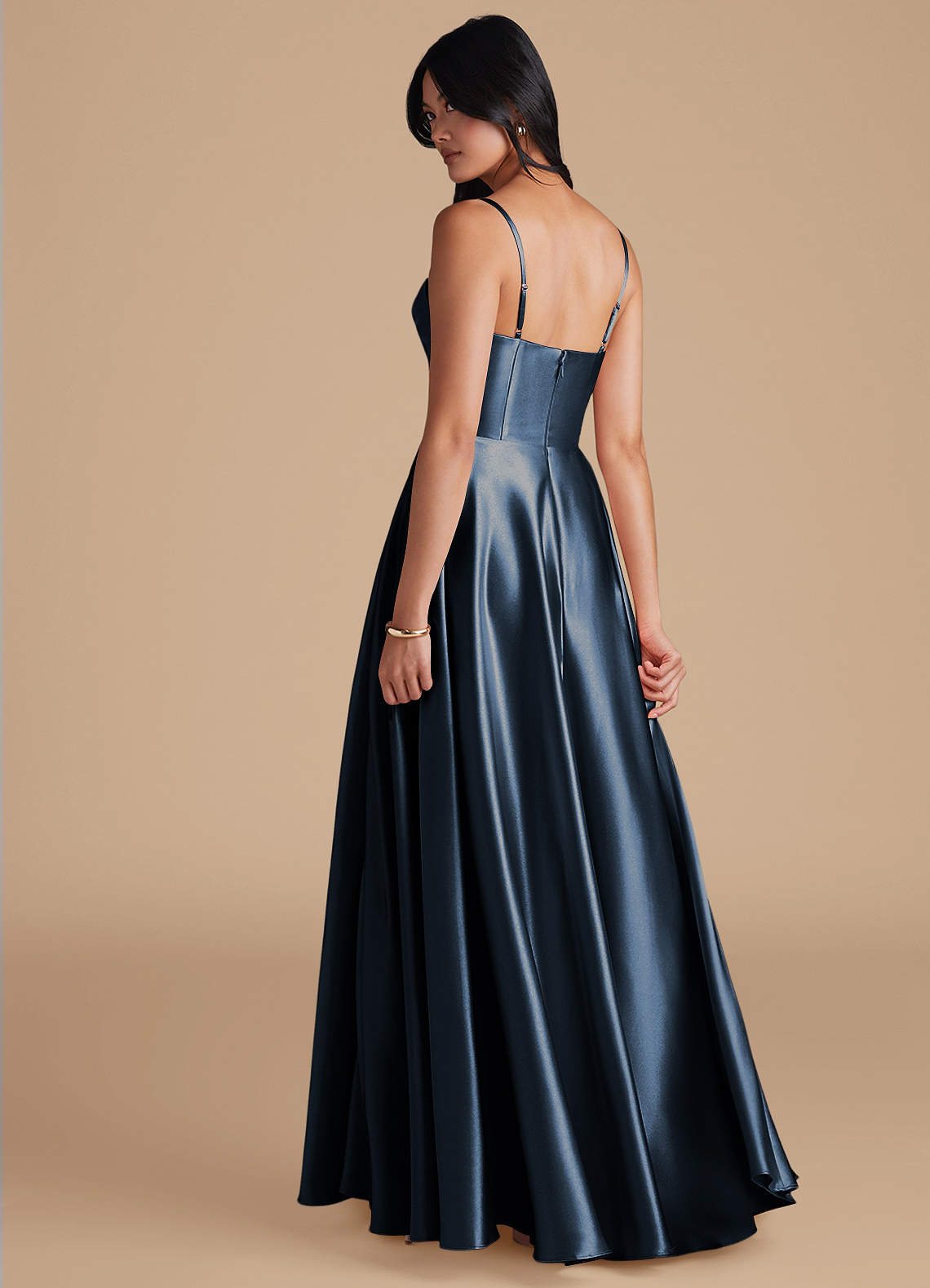 Azazie Elle Suknie dla druhen Linia A z kieszeniami Metaliczny satynowy Do ziemi Sukienka image1