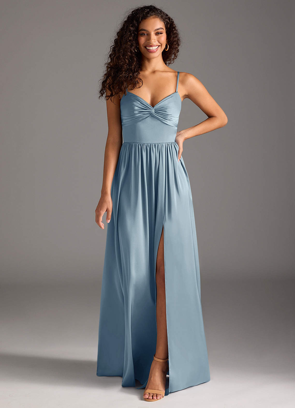 Azazie Zeya Bridesmaid Dresses Dusty Blue A-Line Pleated Stretch Satin Dress image7
