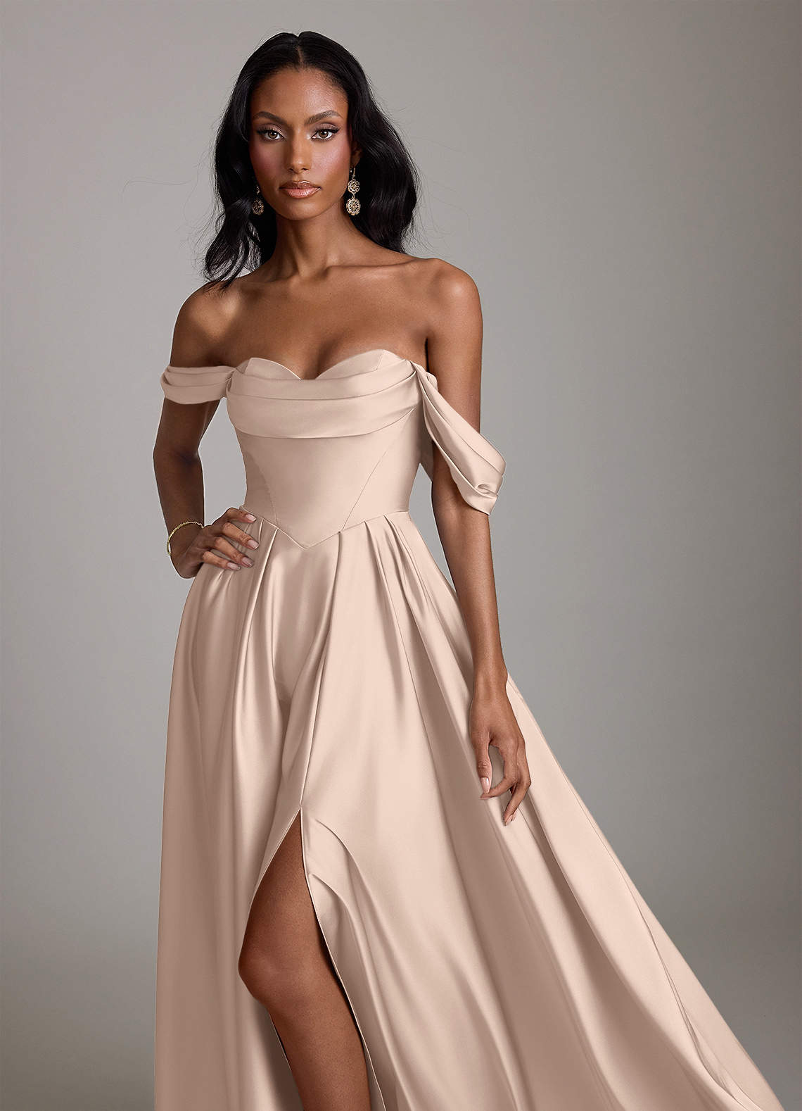 english rose satin bridesmaid dresses Azazie A-Line Strapless Floor-Length Stretch Birdy grey