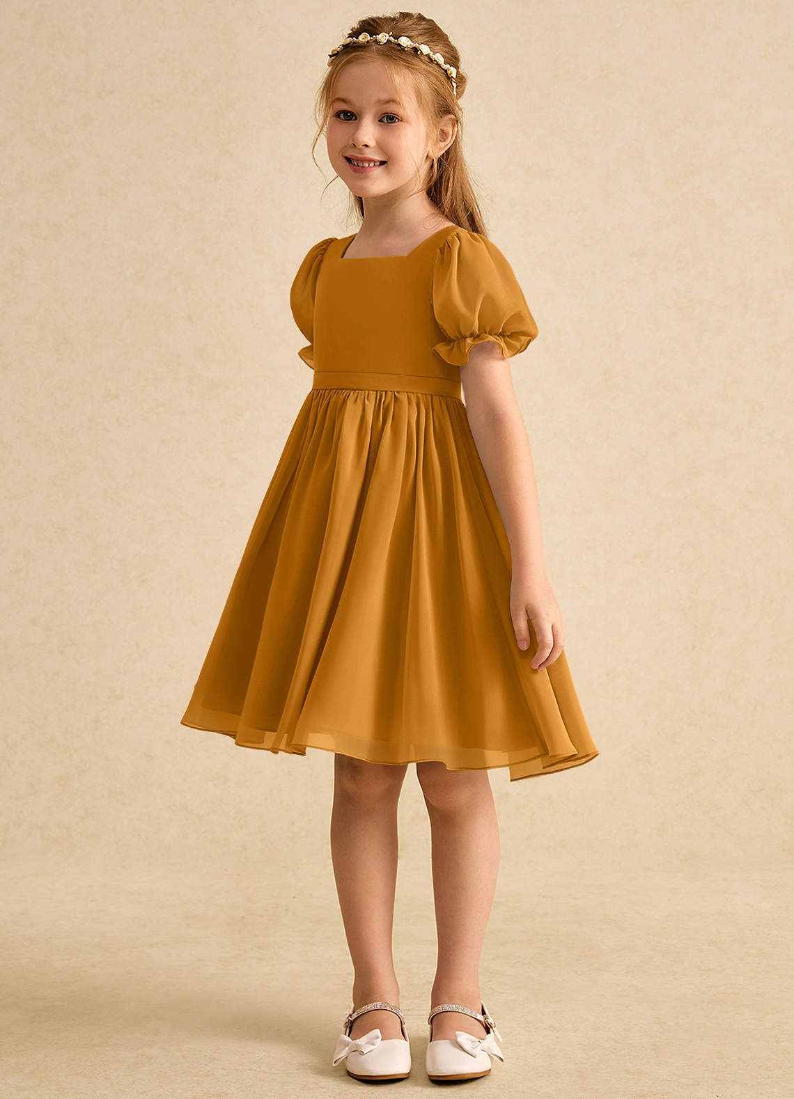Azazie Jolie Blumenmädchenkleider A-Linie mit ärmel Chiffon Kleid Butterscotch image4