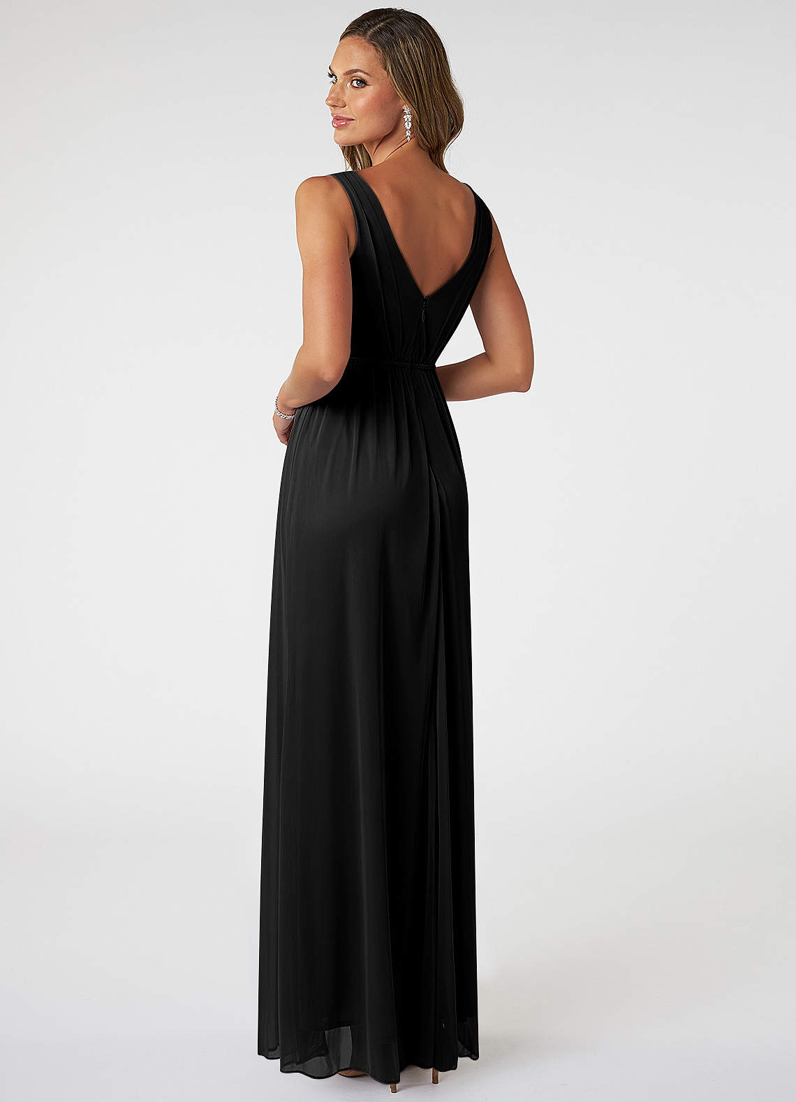 Azazie Tanicia Bridesmaid Dresses Black A-Line V-Neck Pleated Mesh Dress image3