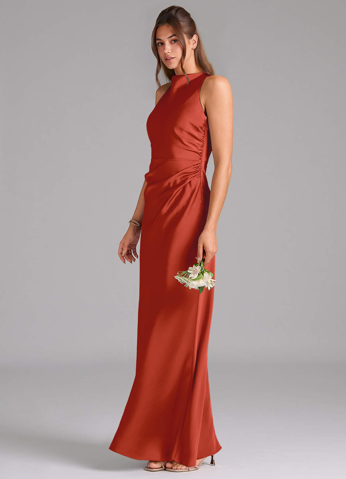 Azazie Evadne Bridesmaid Dresses Rust A-Line Pleated Stretch Satin Dress image1