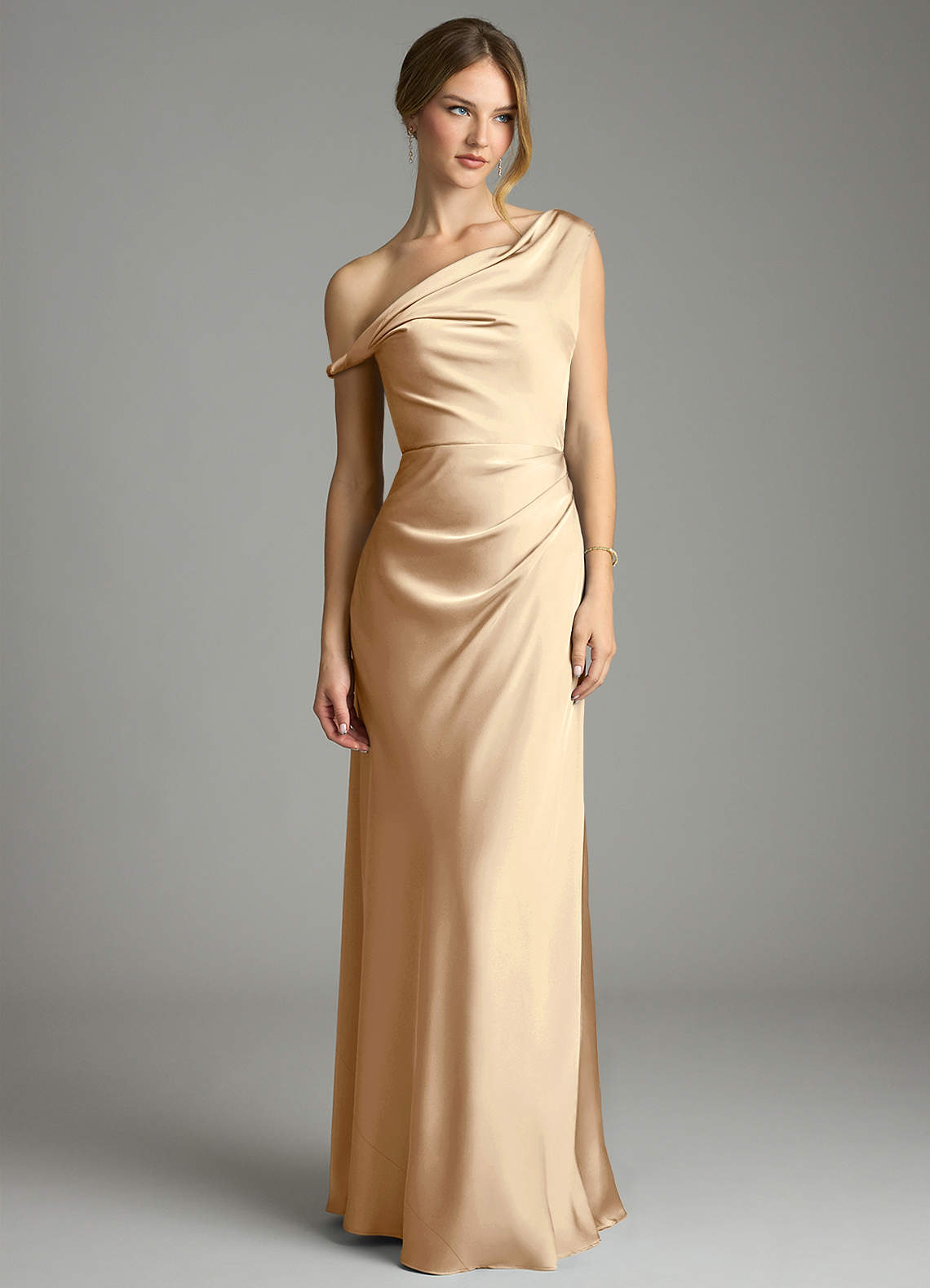 Azazie Emerson Bridesmaid Dresses Champagne Mermaid Off the Shoulder Stretch Satin Dress image3