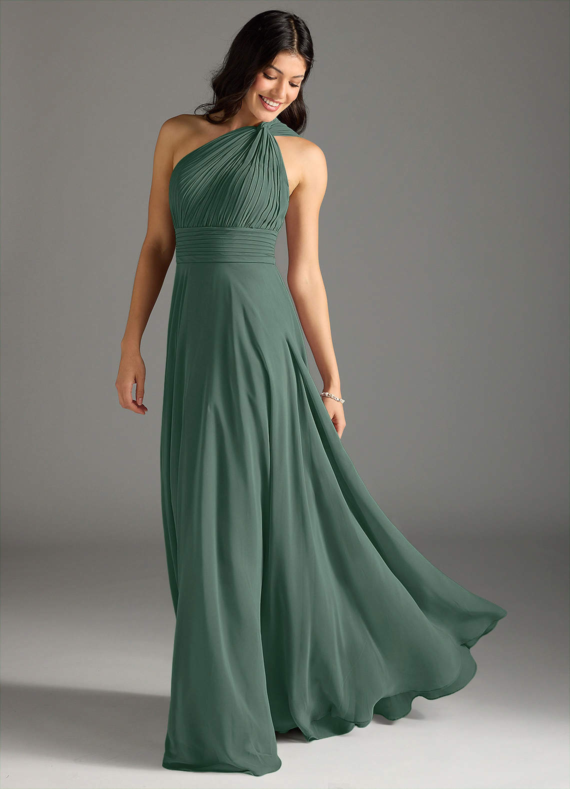 Azazie Charlize Bridesmaid Dresses Sea Moss A-Line One Shoulder Chiffon Dress image1
