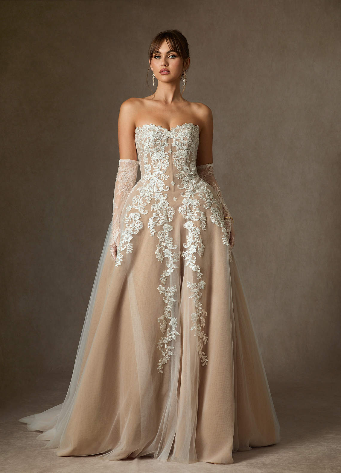 Azazie Sonnet Wedding Dresses Diamond White Nude Ball-Gown Strapless Lace Dress image1