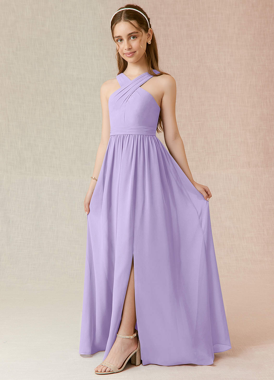 Azazie Jiya Junior Abito A-Line in Chiffon Plissettato Lilla image1