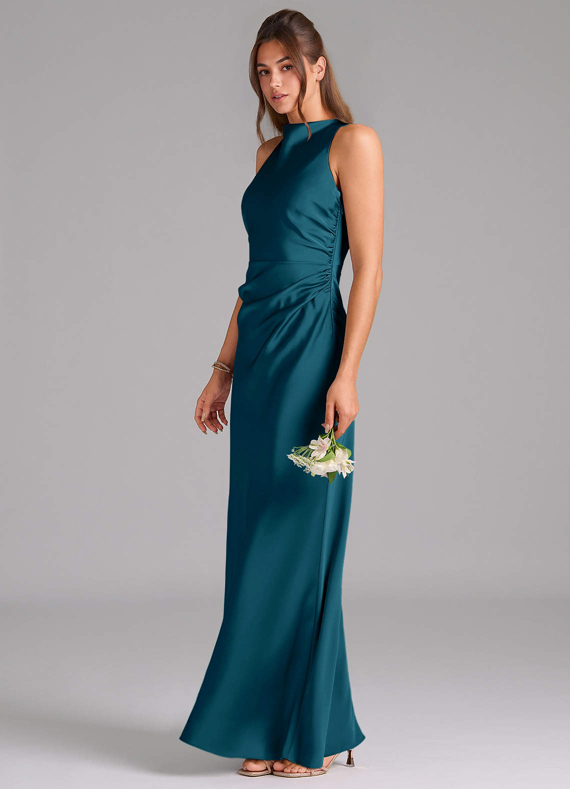 Azazie Evadne Brautjungfernkleider A-Linie Plissee Stretch-Satin Kleid Tintenblau image1