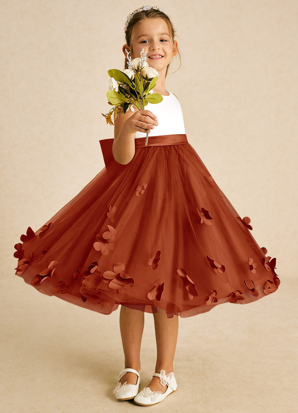 Azazie Sprout Flower Girl Dresses Paprika A-Line Bow Tulle Dress image1