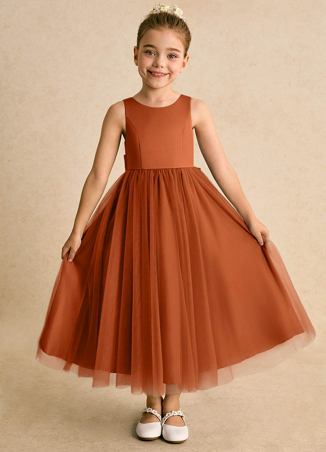 Azazie Solia Robe Demoiselle D'honneur Fillette Robe Princesse en Tulle Arc Orange Brûlée image1