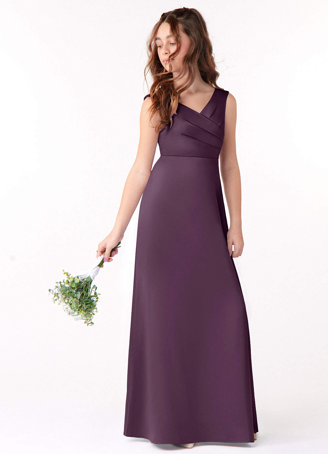 Azazie Sadia Junior Plum A-Line Pleated Stretch Satin Dress image1