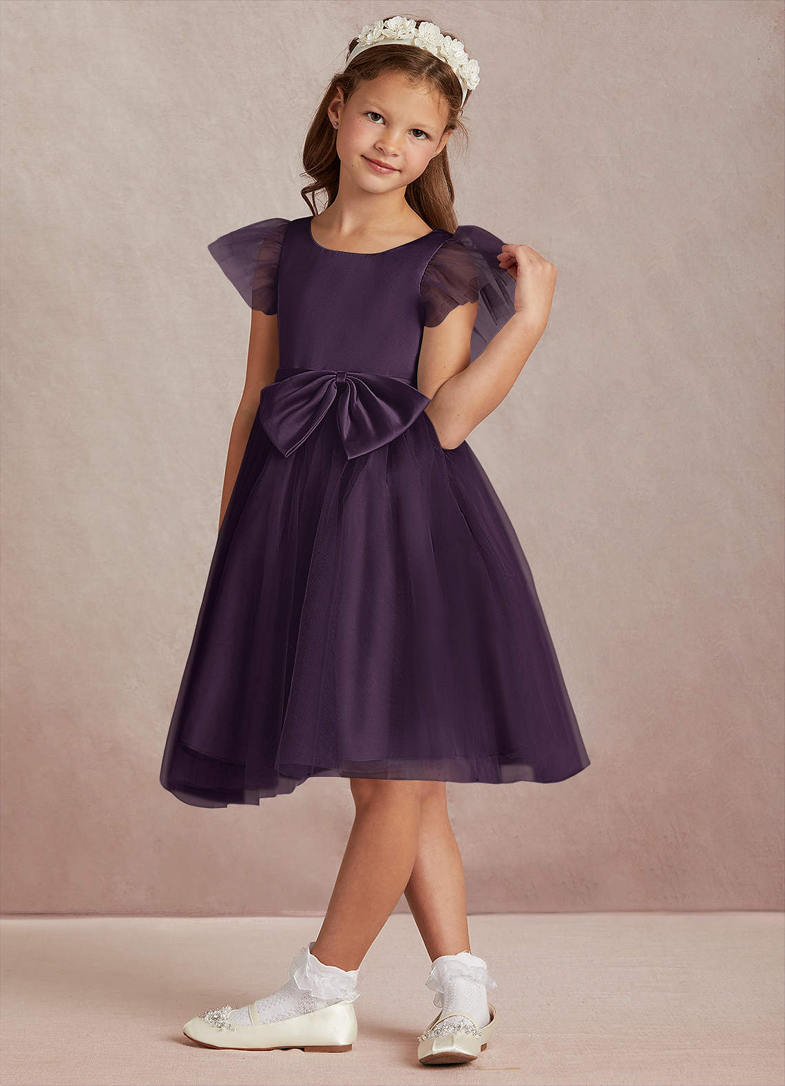Azazie Midna Flower Girl Dresses Plum A-Line with Sleeves Tulle Dress image1