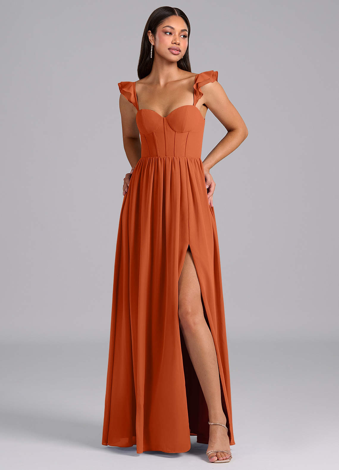 Azazie Denisse Brautjungfernkleider A-Linie Gestreift Chiffon Kleid Gebranntes Orange image1