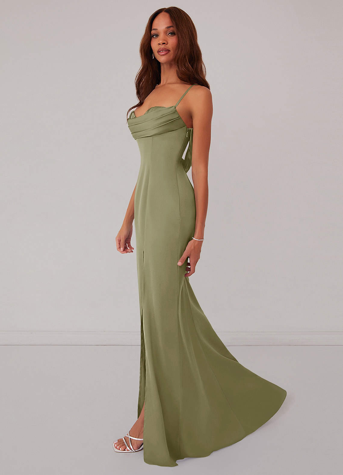 Glittered ITY Back lace up mermaid dress with waist shirring and open slit