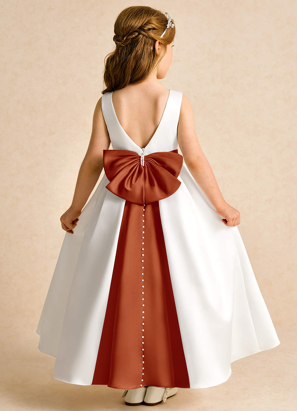 Azazie Cherry Flower Girl Dresses Ivory Paprika Ball-Gown Pleated Matte Satin Dress image1