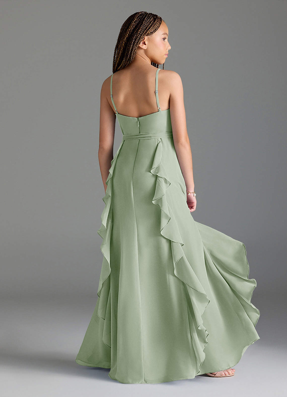 Azazie Peyton Junior Vestir Dusty Sage de Chiffon de Linha A com Plissado image1