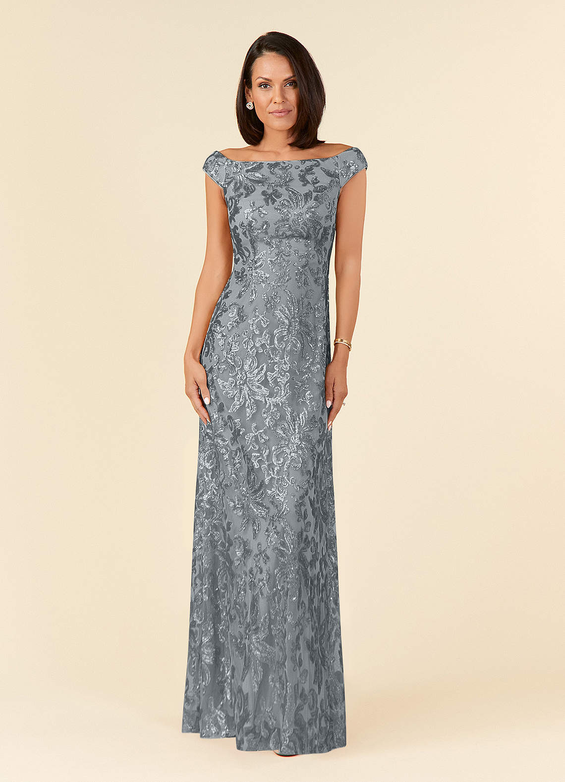 Azazie Porcelain Steel Grey A-Line Off the Shoulder Lace Dress