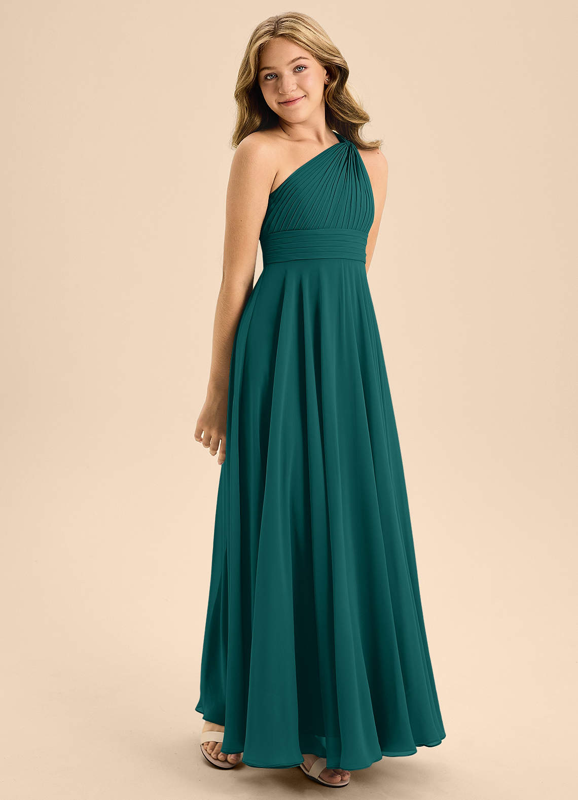 Azazie Charlize Junior Abito A-Line in Chiffon Plissettato Verde Pavone image4