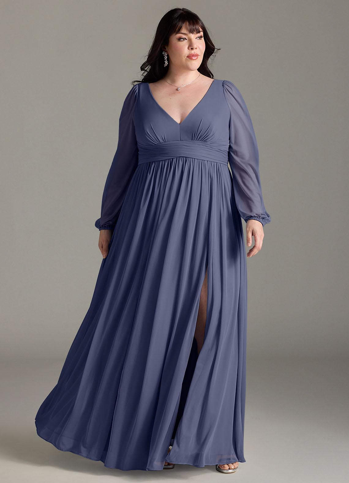 Azazie Norah Bridesmaid Dresses Stormy A-Line V-Neck Long Sleeve Chiffon Dress image5