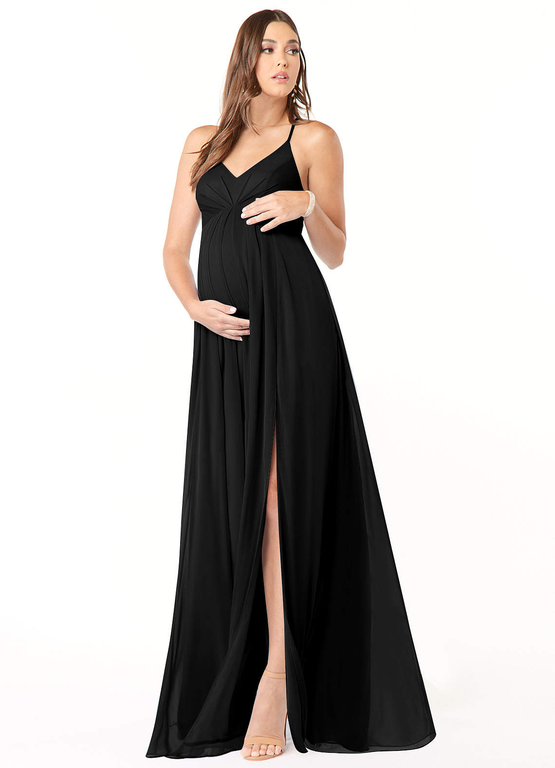Azazie Annabelle vestidos de dama de honor de maternidad Vestido de Acampanado Cuello en V plisado Largo hasta el piso Malla image1