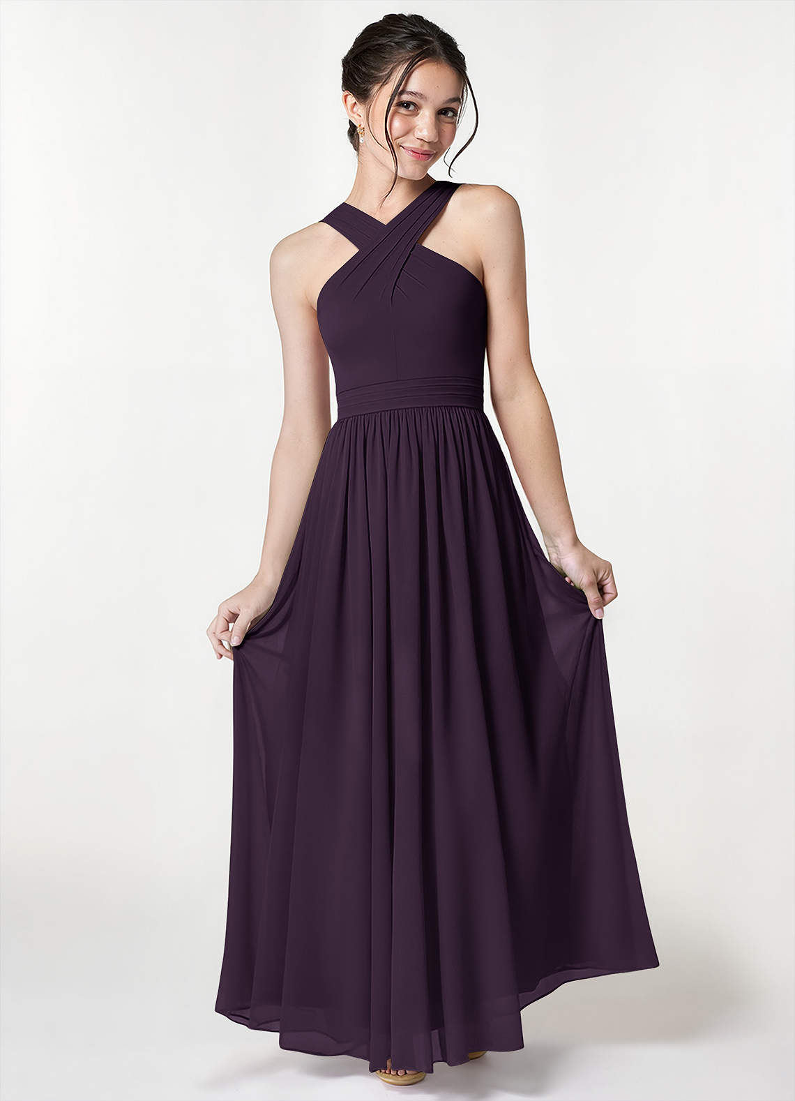 Azazie Jiya Junior Plum A-Line Pleated Mesh Dress image1