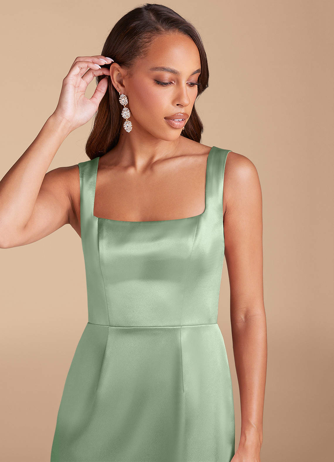 Azazie Flori Bridesmaid Dresses Matcha Sheath Side Slit Metallic Satin Dress image1