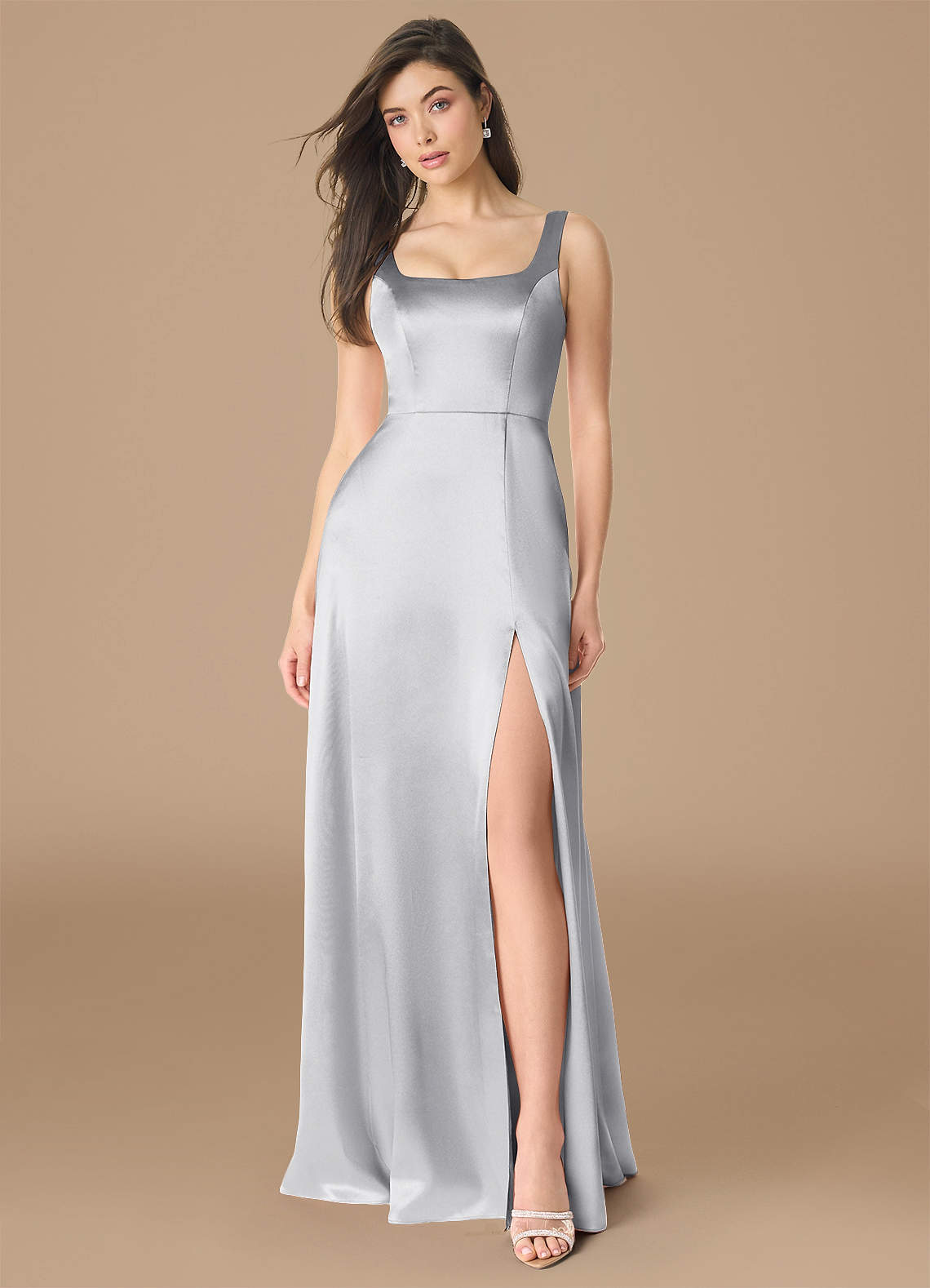Azazie Joyce Bridesmaid Dresses Silver A-Line Side Slit Metallic Satin Dress image1