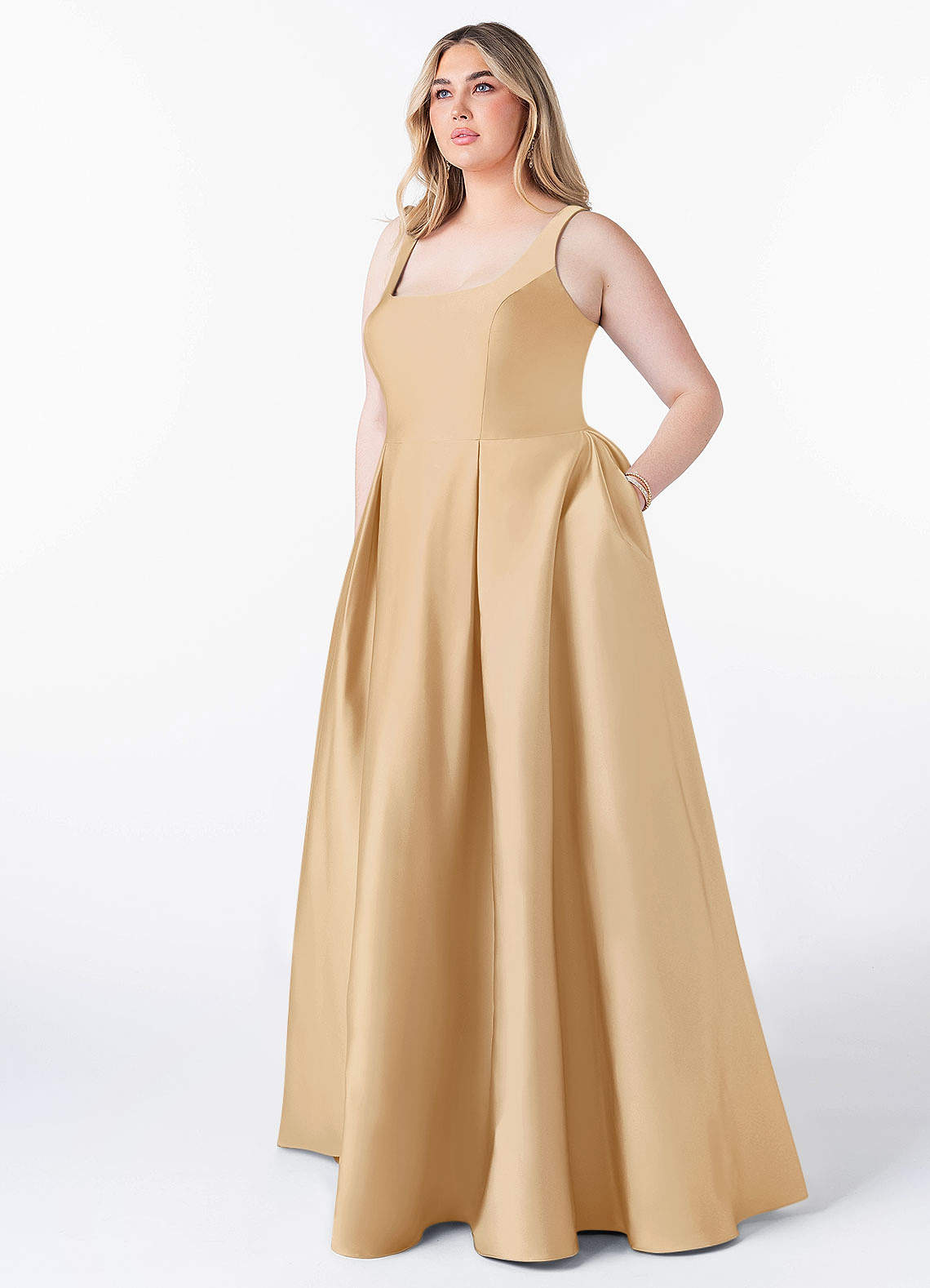 Azazie Neve Bridesmaid Dresses Gold Ball-Gown with Pockets Stretch Satin Dress image1