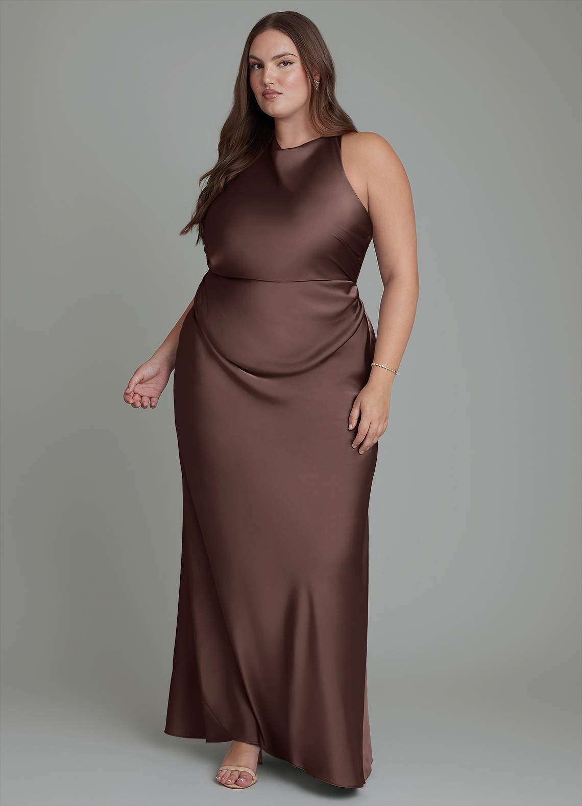 ae brown dress Azazie Evadne Ganache Stretch Satin Bridesmaid Dresses Short Sleeves Bateau A-Line